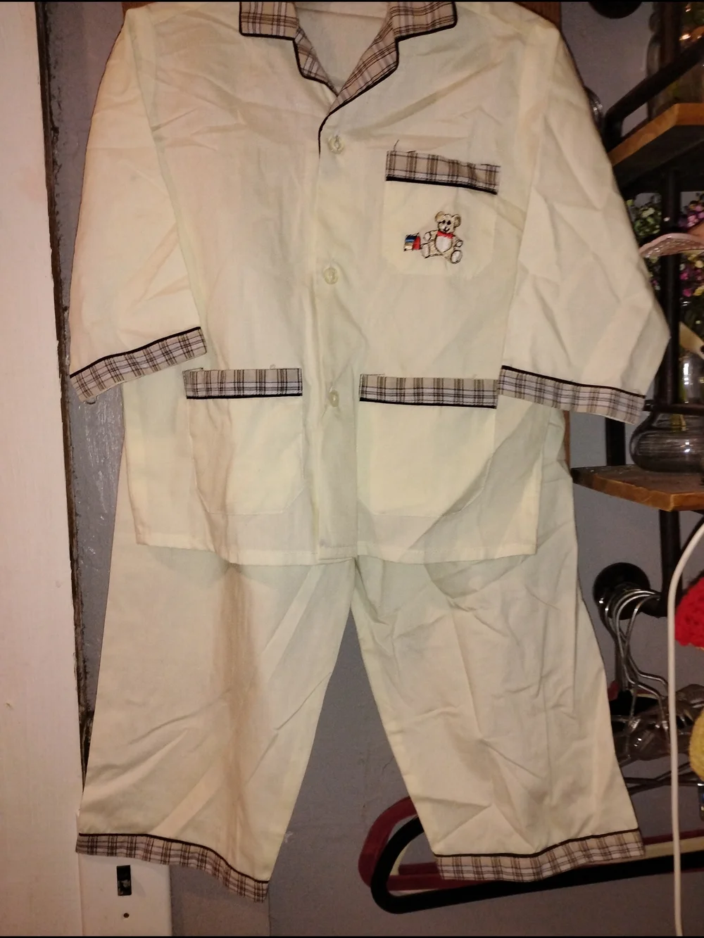 Kids Cream Plaid-Trim Matching Pajama Set - Unbranded